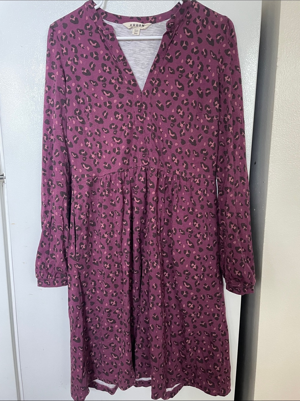 Boden 8 Plum Leopard-Print Long Sleeve Dress Pockets Cute Comfort Cotton Tencel